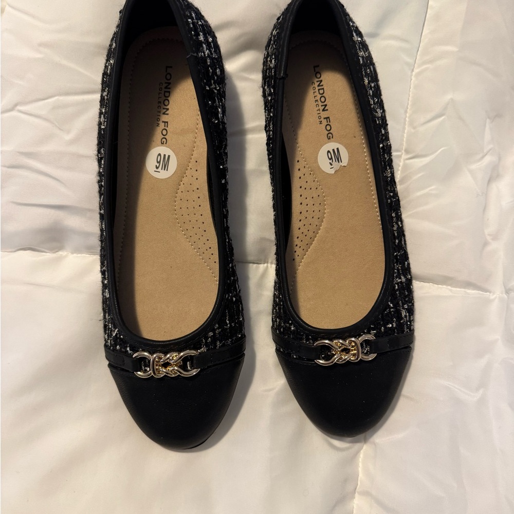 London Fog Black Tweed & Black Leather-Trim Ballet Flats with Gold Accent